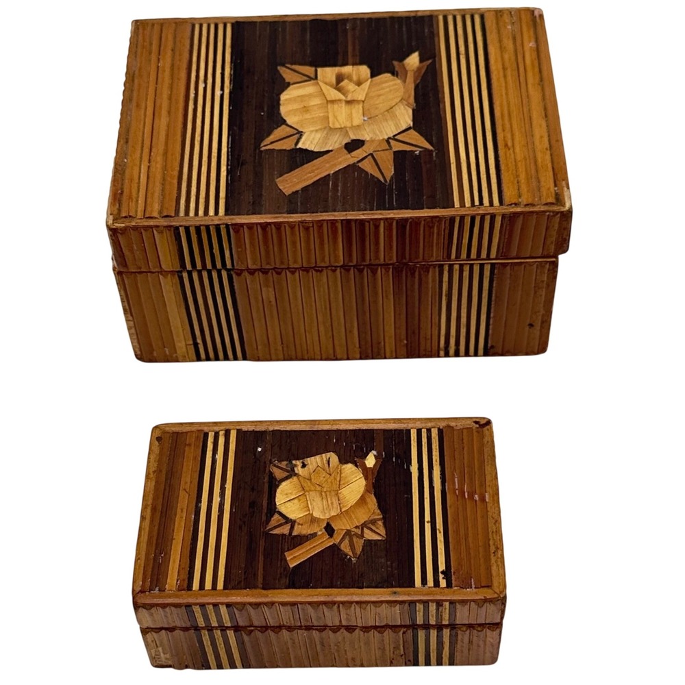 Vintage Trinket Box Set 2pc Straw Marquetry Rose Floral Brown Wood Jewelry Case